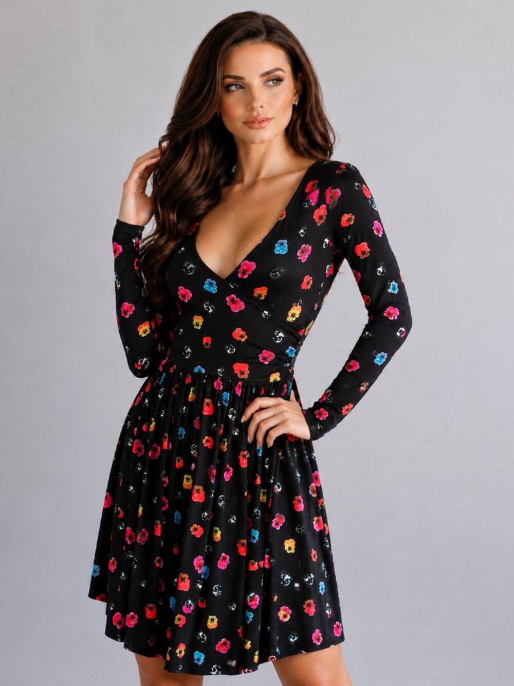 ASOS Fit & Flare Multi Color Floral Long Sleeve Skater Dress Size 4 Small NWT